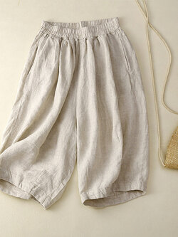 กางเกงผ้าลินิน ขาสั้น กางเกงผ้าลินินญี่ปุ่น กางเกงผ้าลินิน เอว ยางยืด By LZcotton and linen
