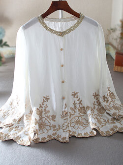 เสื้อลินิน เสื้อผ้าฝ้ายลินิน เสื้อเชิ้ตผ้าลินิน ปักลายสวยๆด้วยด้าย สไตล์VINTAGE