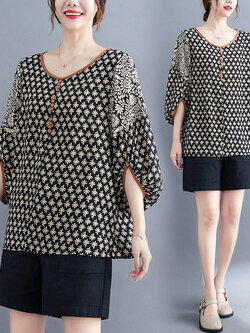 เสื้อทีเชิ้ตคนอ้วนผู้หญิงสไตล์คอตตอนลินินมีไซต์อก 47-48 นิ้ว