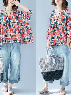 เสื้อทีเชิ้ตคนอ้วนผู้หญิงสไตล์คอตตอนลินินมีไซต์อก 47-48 นิ้ว