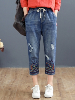 กางเกงยีนส์ ยีนส์สไตล์วินเทจ ปักลายด้าย