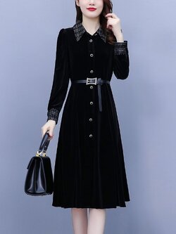 ชุดเดรสคนอ้วนแขนยาว ชุดเดรสคนอ้วนสไตล์เกาหลี เดรสแขนยาว