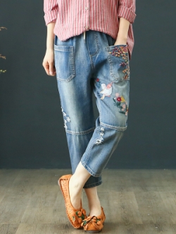 กางเกงยีนส์วินเทจหญิง กางเกงยีนส์ลายวินเทจ