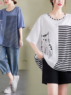 เสื้อทีเชิ้ตคนอ้วนผู้หญิงสไตล์คอตตอนลินินมีไซต์อก 47-48 นิ้ว