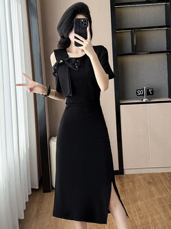 เดรสสีดำ ชุดเดรสคนอ้วน ชุดเดรสสาวพลัสไซส์ XL-5XL