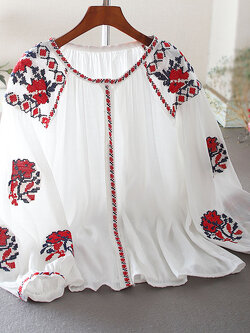 เสื้อลินิน เสื้อผ้าฝ้ายลินิน เสื้อเชิ้ตผ้าลินิน ปักลายสวยๆด้วยด้าย สไตล์VINTAGE