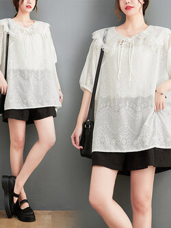 เสื้อทีเชิ้ตคนอ้วนผู้หญิงสไตล์คอตตอนลินินมีไซต์อก 47-48 นิ้ว