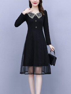 ชุดเดรสคนอ้วนแขนยาว ชุดเดรสคนอ้วนสไตล์เกาหลี เดรสแขนยาว