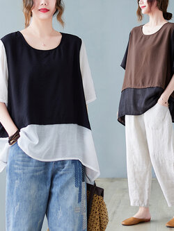 เสื้อทีเชิ้ตคนอ้วนผู้หญิงสไตล์คอตตอนลินินมีไซต์อก 47-48 นิ้ว