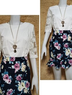 Set_bs1764 ชุดเซ็ท 2 ชิ้น(เสื้อ+กระโปรง)แยกชิ้น เสื้อชีฟองสีพื้นขาวครีมแขนผ้าแก้วลูกไม้+กระโปรงทรงเข้ารูปผ้าคอตตอนเนื้อดีลายดอกไม้ชายระบายซิปหลัง งานสองชิ้นสวยคุ้ม ทรงสวยเรียบหรู ผ้าดีเกินราคาดูสวยแพง ใส่เที่ยว/ใส่ทำงานได้