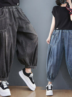 กางเกงยีนส์ญี่ปุ่น กางเกงยีนส์เอวยืด กางเกงยีนส์ขายาว By LZcotton and linen