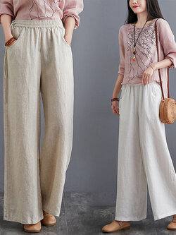 กางเกงผ้าลินิน กางเกงขายาว กางเกงผ้าลินินญี่ปุ่น กางเกงผ้าลินิน เอว ยางยืด By LZcotton and linen