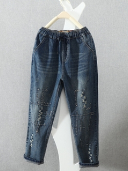 กางเกงยีนส์ปักลายด้าย สไตล์วินเทจ