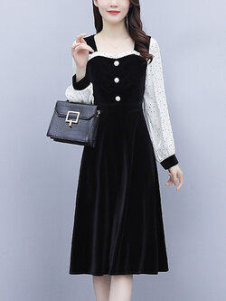 ชุดเดรสคนอ้วนแขนยาว ชุดเดรสคนอ้วนสไตล์เกาหลี เดรสแขนยาว