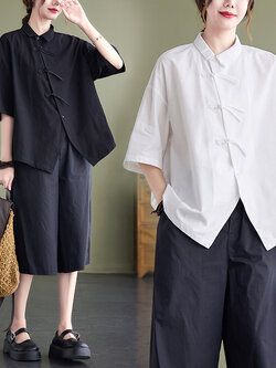 เสื้อทีเชิ้ตคนอ้วนผู้หญิงสไตล์คอตตอนลินินมีไซต์อก 47-48 นิ้ว