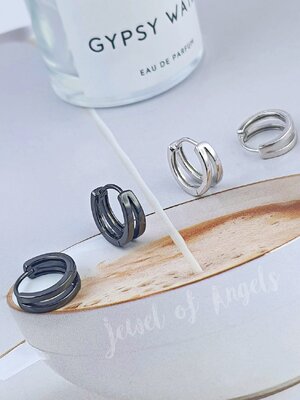 ต่างหูห่วงเงินแท้ S925 รุ่น Twin ห่วง2แฉก สีเงิน สีดำ สูง13mm ตุ้มหูห่วง เงินแท้ทั้งชิ้น Silver925