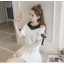 Blouse3794 เสื้อแฟชั่นเว้าไหล่ ช่วงบ่าแต่งผ้าตาข่ายสีดำ แขนผูกโบว์เก๋ๆ ผ้าโพลีเนื้อดีหนาทึบแสงสีพื้นขาว งานน่ารักผ้าเนื้อดีนุ่มใส่สบาย แมทช์กับกระโปรงหรือกางเกงได้หลายสไตล์
