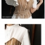 Dress4538 เดรสทรงปล่อยสีครีมมีซับใน กระดุมอก เย็บติดเสื้อกั๊กลายริ้วสีน้ำตาลอ่อนพร้อมสายเข็มขัดปรับได้
