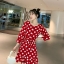 Dress4544 เดรสลายวงกลมทรงเข้ารูปชายระบาย อกแต่งกระดุม แขนยาวสี่ส่วน ซิปข้าง มีผ้าผูกเอว ผ้าไมโครเนื้อดี งานดีทรงดีใส่สวย ใส่ทำงาน ใส่เที่ยว ชุดเดียวจบ มี 2 สี แดง, ขาว