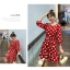 Dress4544 เดรสลายวงกลมทรงเข้ารูปชายระบาย อกแต่งกระดุม แขนยาวสี่ส่วน ซิปข้าง มีผ้าผูกเอว ผ้าไมโครเนื้อดี งานดีทรงดีใส่สวย ใส่ทำงาน ใส่เที่ยว ชุดเดียวจบ มี 2 สี แดง, ขาว