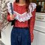 Blouse4044 เสื้อแขนยาวลายดอกไม้สีเลือดหมู อกแต่งลูกไม้โปร่ง ผ้าลูกฟูกเนื้อดีนุ่มใส่สบาย