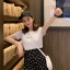 Set_bs1747 ชุดเซ็ท 2 ชิ้น(เสื้อ+กระโปรง) เสื้อยืดแขนสั้นสีขาวอกพิมพ์ลายตัวอักษรผ้าคอตตอนเนื้อดีนุ่มยืดหยุ่นสูง กระโปรงเอวสูงชายระบายลายจุดสีดำ ซิปหลัง มีซับใน ผ้าโพลีเนื้อดีเรียบสวยไม่ยับง่าย งานดีทรงดีลายสวย ดีเทลเก๋ๆ ดีงาม แมทช์ได้ลงตัว