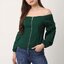 Blouse3979 เสื้อแฟชั่นเปิดไหล่แขนยาวชีฟองซิปหน้าสีเขียวเข้ม ผ้าสกินนี่เนื้อดียืดขยายได้ งานสวยแมทช์กับอะไรก็เข้า