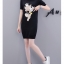 Dress4576 เดรสไหมพรมแขนสั้นสีพื้นดำแต่งลาย Pig ผ้าไหมพรมถักเนื้อนุ่มยืดหยุ่นสูงเนื้อหนาปานกลางใส่ได้ทุกฤดูกาล งานสวยใส่ง่ายน่ารักมาก