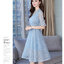 Dress4569 เดรสยาวลูกไม้แขนสามส่วนระบายผูกโบว์ คอและช่วงเอวแต่งลูกไม้ฉลุ ซิปหลัง มีซับในอย่างดี ทรงคอวีใส่แล้วดูผอมเพรียว งานดีทรงดีสวยหวานละมุน ใส่ทำงาน/ใส่ออกงานได้ มี 2 สี ฟ้า, ชมพู