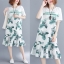 Dress4547 เดรสยาวสีขาวลายดอกไม้สีเขียว ชายระบาย งานตัดเย็บอย่างดีมีซับในทั้งชุด ผ้าชีฟองเกรดพรีเมียมเนื้อดี