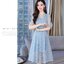Dress4569 เดรสยาวลูกไม้แขนสามส่วนระบายผูกโบว์ คอและช่วงเอวแต่งลูกไม้ฉลุ ซิปหลัง มีซับในอย่างดี ทรงคอวีใส่แล้วดูผอมเพรียว งานดีทรงดีสวยหวานละมุน ใส่ทำงาน/ใส่ออกงานได้ มี 2 สี ฟ้า, ชมพู